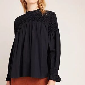 Black Smocked Modern Peasant Blouse